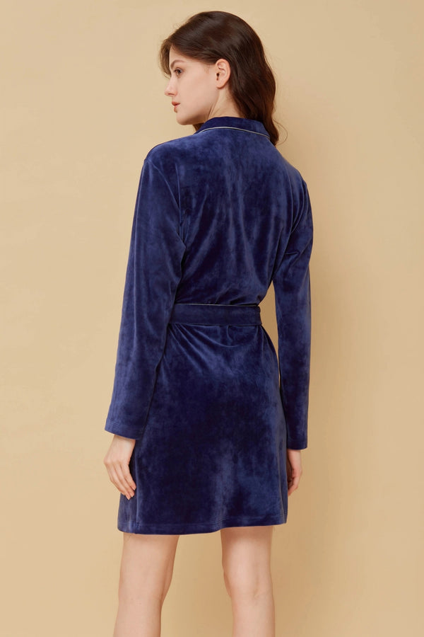 Велюровый халат на пуговицах 600-6753 dark blue