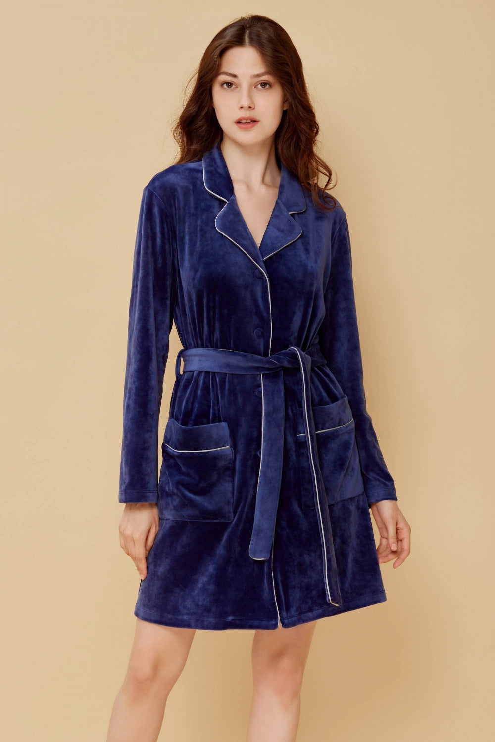 Велюровый халат на пуговицах 600-6753 dark blue