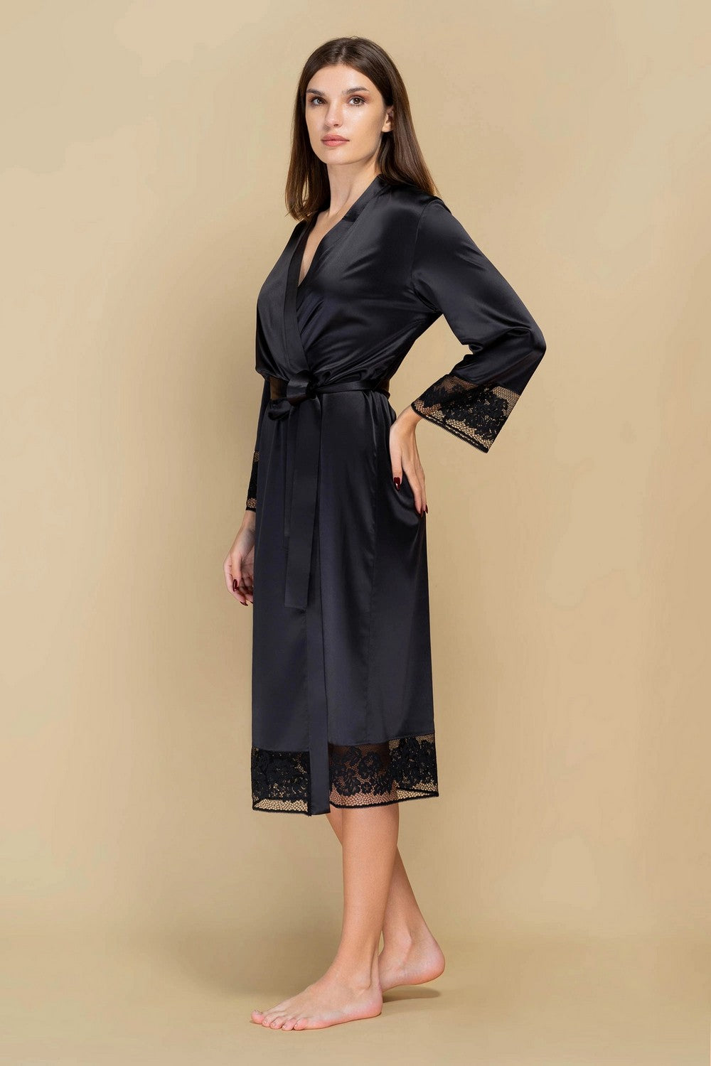 Халат из сатина и и кружева 808-6763 black