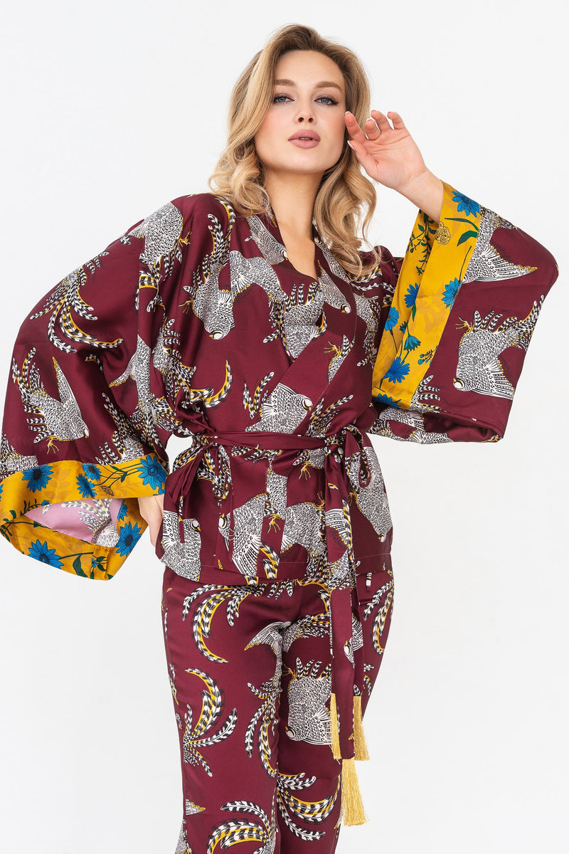 Шелковая пижама с кимоно Blair P22019 marsala