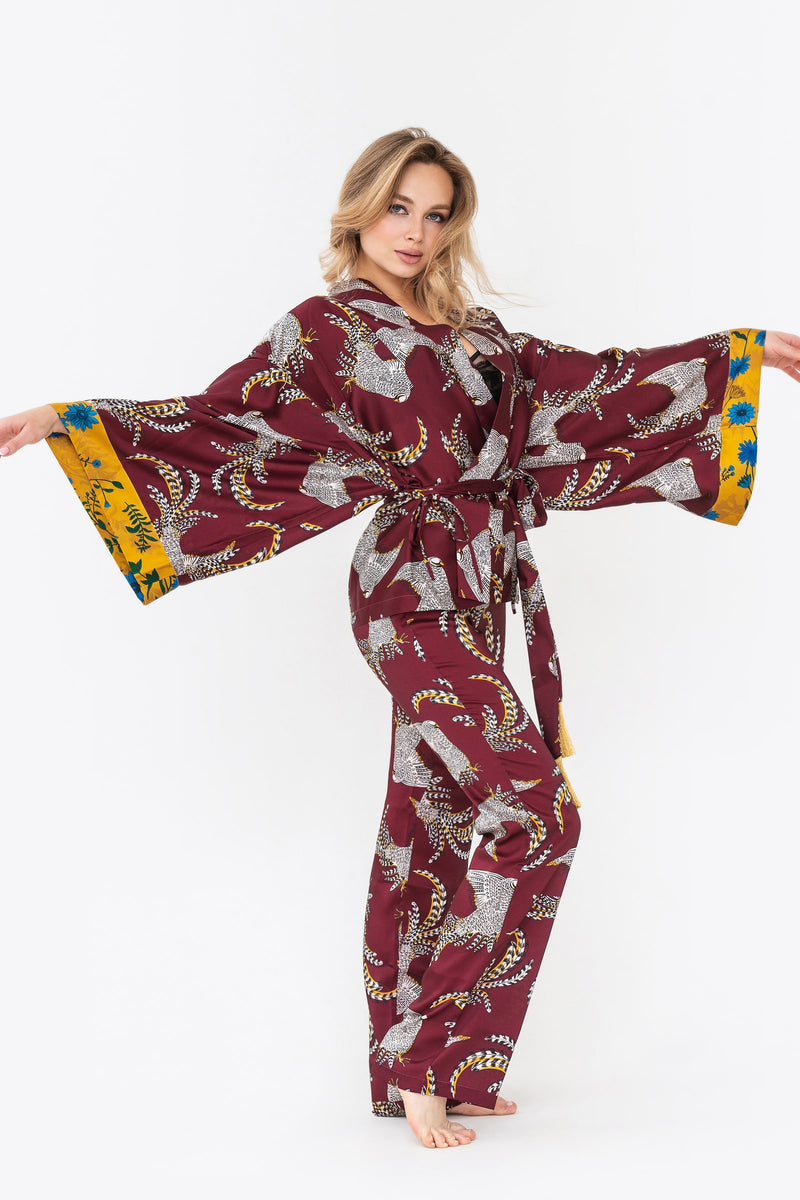 Шелковая пижама с кимоно Blair P22019 marsala