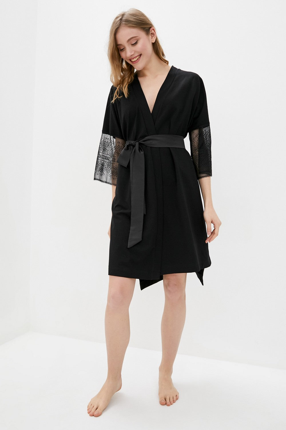 Хлопковый халат с кружевом Taurito black