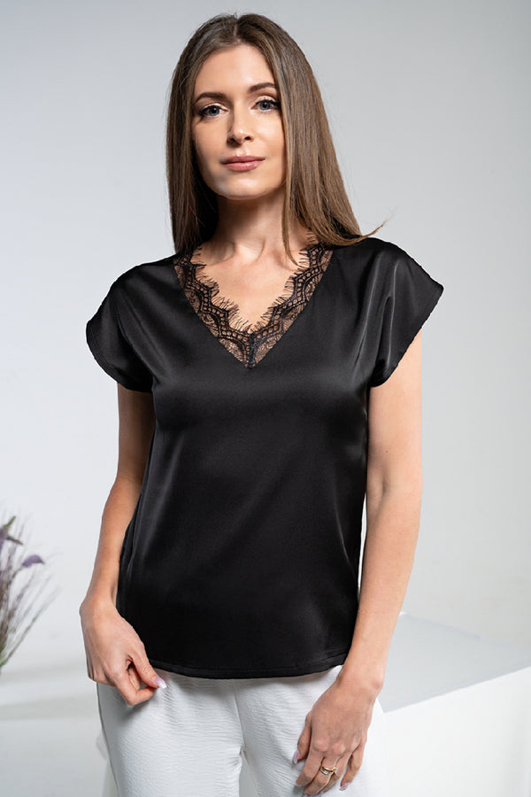 Атласная блуза с кружевом 1831 black