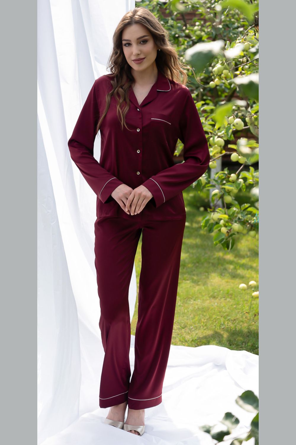 Шелковая пижама на пуговицах 2303 bordo