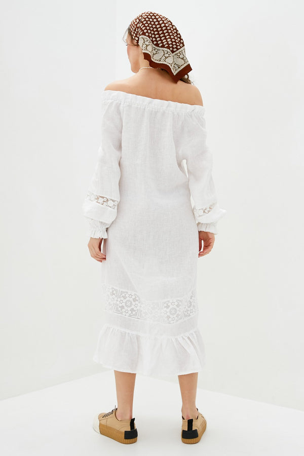 Льняное платье с открытыми плечами 313 White