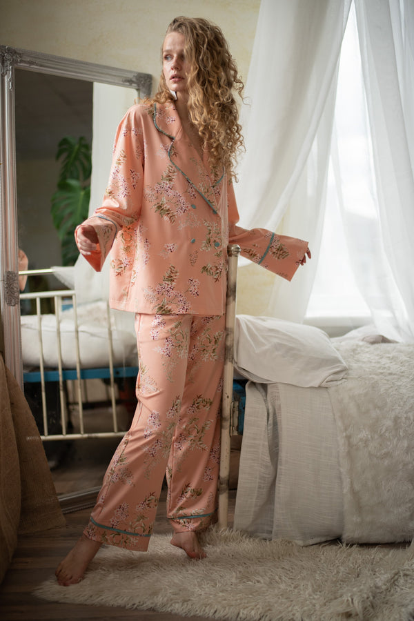 Пижама soft-шелк с цветами 027 Peach