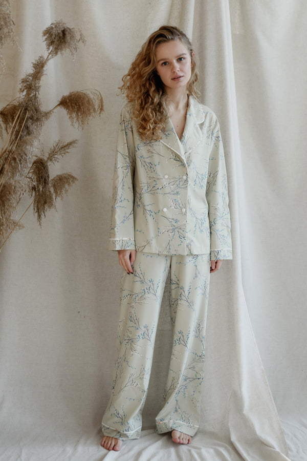 Пижама soft-шелк с цветами 027 Blue gray