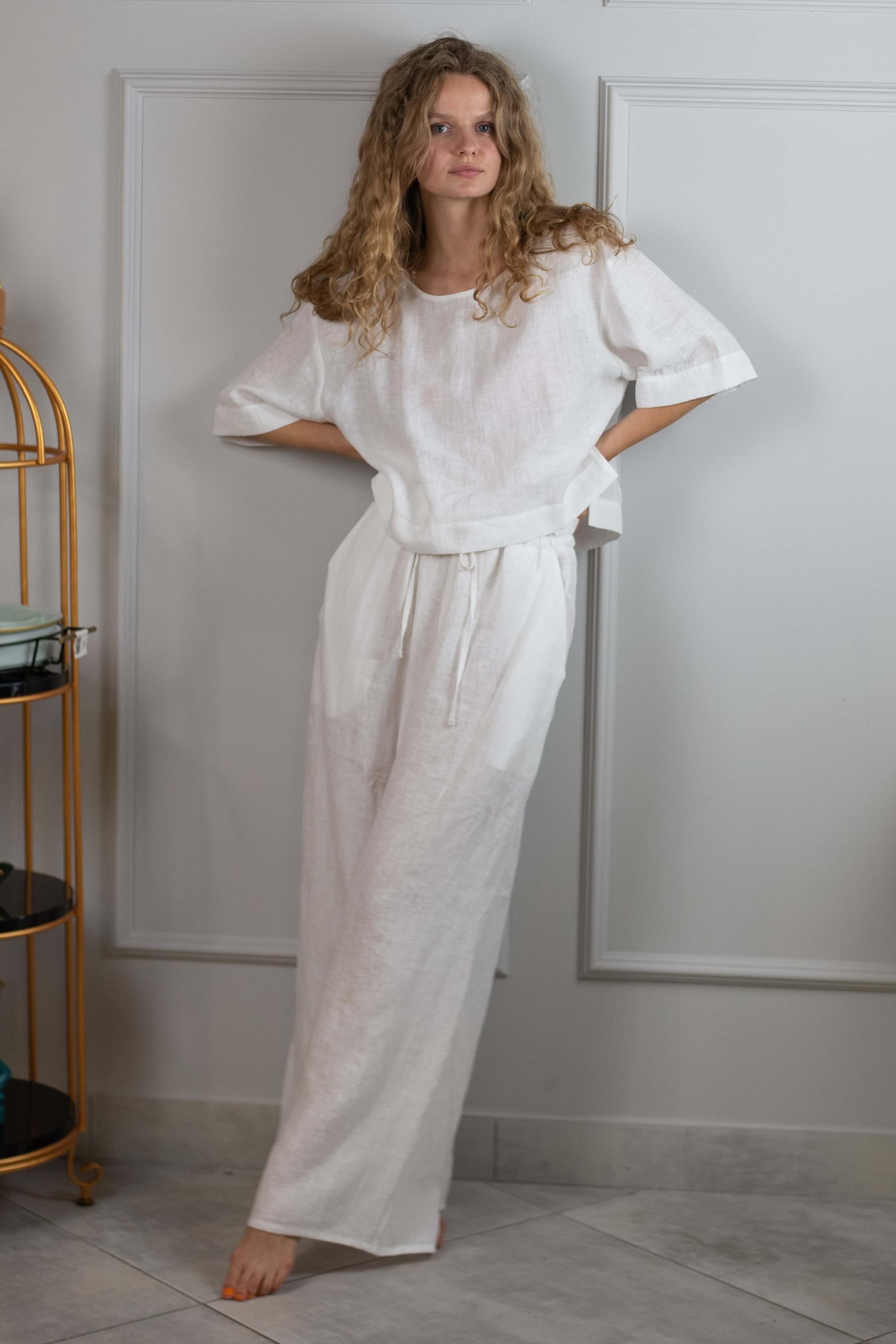 Льняные брюки для дома 002 White