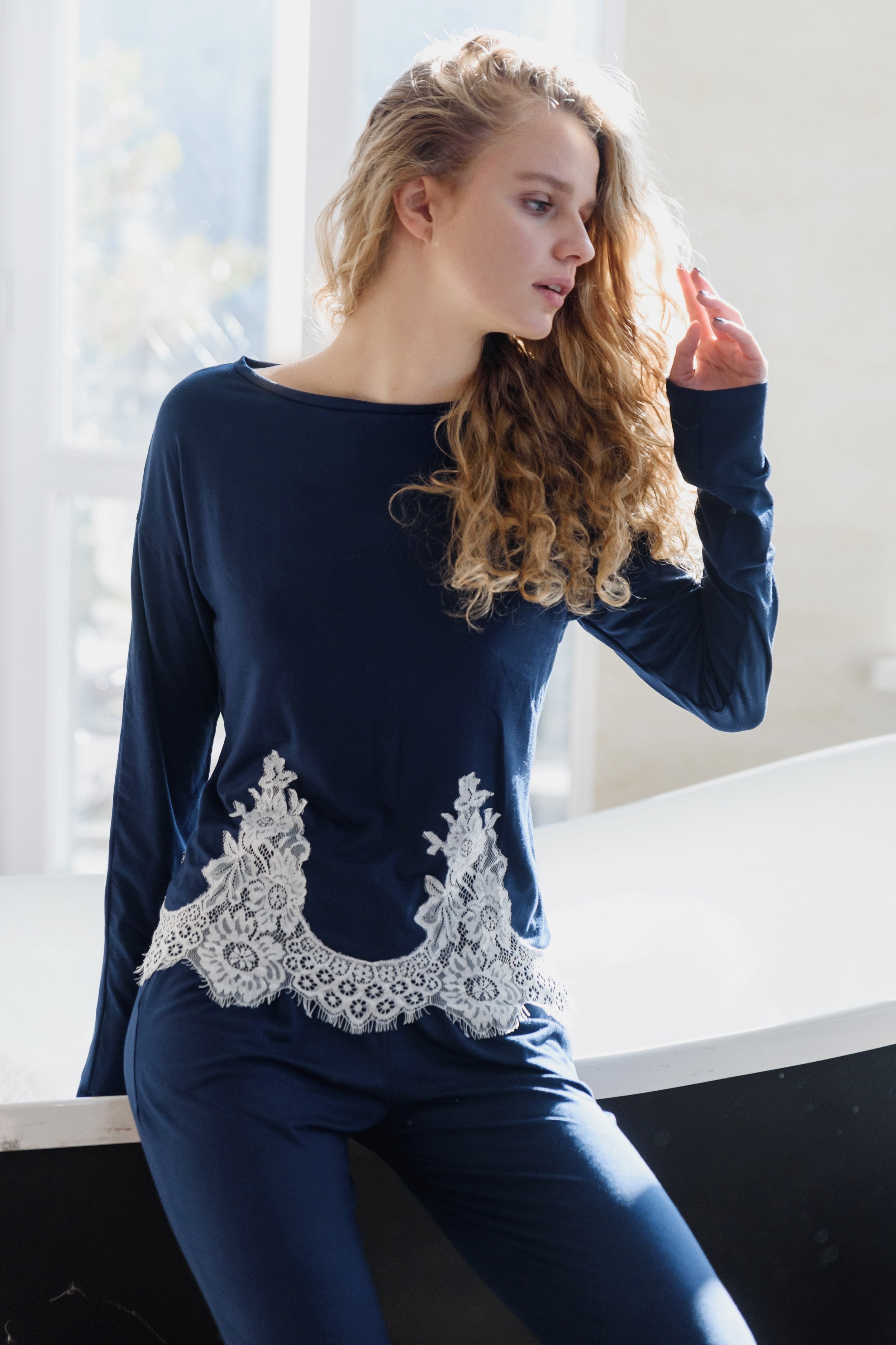 Комплект для дома с кружевом 054 Navy blue