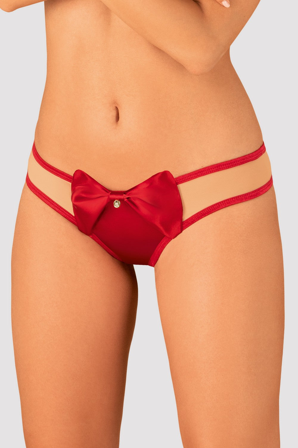 Трусики стринг с атласным бантиком Rubinesa red/nude