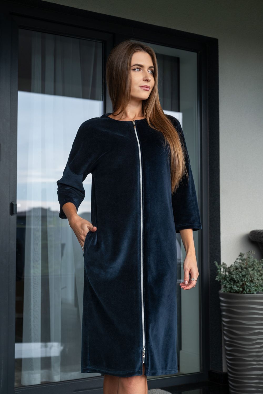 Велюровый халат на молнии 1417 blue